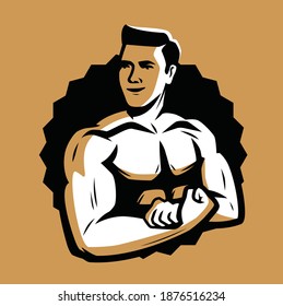 Strong and muscular bodybuilder. Bodybuilding emblem vector illustration