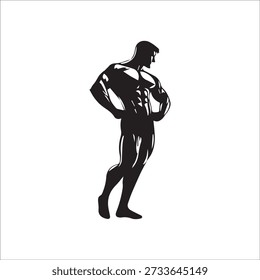 Strong muscular bodybuilder flexing side pose hands on hips athletic man silhouette isolated on transparent background vector illustration