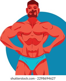 Constructor de cuerpo fuerte y muscular aislado en fondo blanco con círculo azul. Carácter musculoso Halterofilia, levantamiento de pesas o construcción de cuerpos. Ilustración del vector