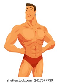 Strong and muscular bodybuilder standing. Muscleman character. Weightlifting, powerlifting or bodybuilding. Vector illustration