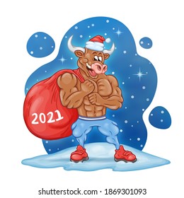 Strong muscular cartoon bull with a huge red bag of gifts and a Santa Claus hat. 2021 inscription on the  bag.  Greeting card.  2021 Chinese New Year of the bull  