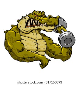 Strong muscular crocodile bodybuilder cartoon mascot with dumbbell for fitness or gym mascot theme