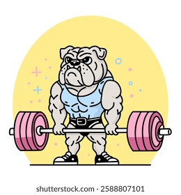 A strong, muscular dog lifts a barbell with determination. Illustration symbolizing strength, power, and dedication.