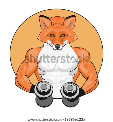 Strong muscular fox holding two dumbbells in his hands and doing workout vector illustration. Fitness logo  illustration. Bodybuilding.