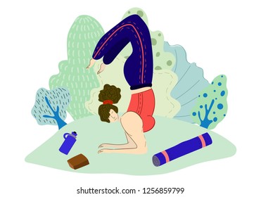 Strong muscular girl doing yoga in the park, woman performs sport exercises, healthy lifestyle, outdoors. Vector illustration in flat style with hand drawing textures.