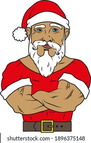 Strong muscular grinning santa claus in t-shirt and christmas hat with arms crossed on his chest. Color vector illustration.