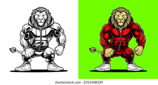 Strong and muscular lion wearing a hoodie, portrayed in a bold and dynamic illustration. One half in monochrome, the other vibrant with bright colors, set against a contrasting split backdrop.