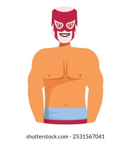 Forte e musculoso luchador está sorrindo sob sua máscara vermelha enquanto espera para lutar em uma luta livre