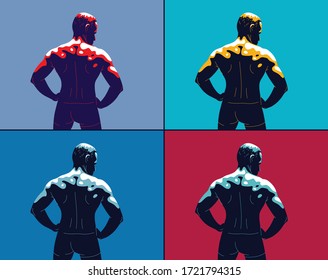 Strong muscular man back vector illustration, bodybuilder athlete sportsman, strength and health lifestyle.