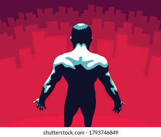 Strong muscular man back vector illustration, philosophical concept of mindfulness and self actualization, spiritual practices, man in search of himself.