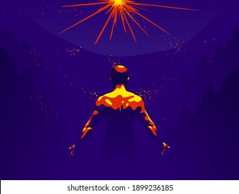 Strong muscular man back vector illustration, philosophical concept of mindfulness and self actualization, spiritual practices, man in search of himself.