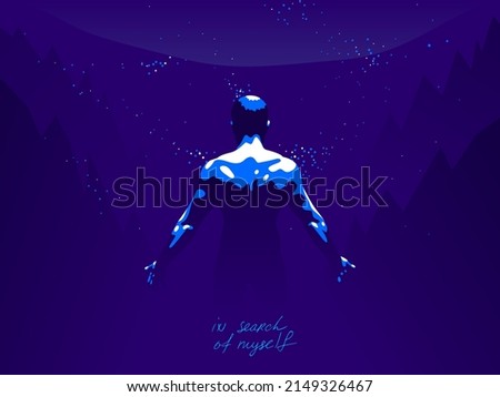 Strong muscular man back vector illustration, philosophical concept of mindfulness and self actualization, spiritual practices, man in search of himself.