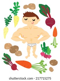 Strong Muscular Man surrounded by Healthy Vegetables