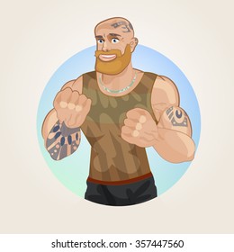 Strong Muscular Muscled Bearded Man, Tattooed Bald Head. Mountain Muscle, Strong Character, A Fighter And Bodybuilder, Bearded Madman, The Character Muscleman, Shows His Fists. Vector Art.