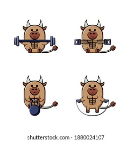 Strong muscular ox exercising cartoon handdrawn style set. Lifting barbell and kettlebell, jump rope, and using spring chest expander.