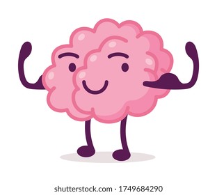 Strong Muscular Pink Brain, Funny Human Nervous System Organ Cartoon Character Vector Illustration on White Background