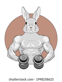 Strong muscular rabbit holding two dumbbells in his hands and doing workout vector illustration	