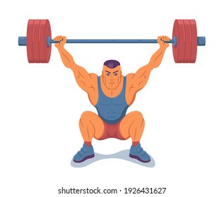 Strong muscular weightlifter lifting barbell. Illustration of weightlifting snatch execution. On white background svg
