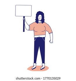 Strong muscular woman with a banner, protesting activist, workers strike. Worker holds a blank banner, takes part in the parade. Manifesto with a demo sign with blank space for text. Single picket for