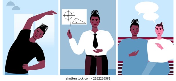 Strong Narrative Of African LGBTQ Person At Different Stages Of His Day. Flat Vector Stock Illustration With Math Teacher With Black Skin