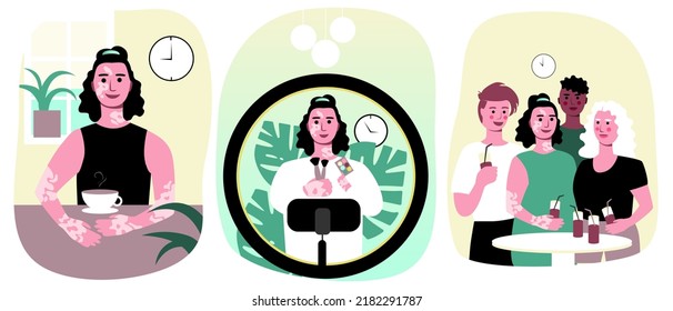 Starke Erzählung eines Bloggers mit vitiligo in verschiedenen Phasen seines Tages. Flache Vektorgrafik mit Frühstück morgens und abends Feier mit Freunden