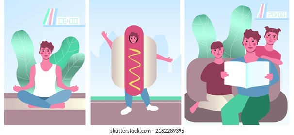 Strong narrative of a non-binary person in a hot dog costume at different stages of his day. Flat vector stock illustration with meditation morning and  family evening