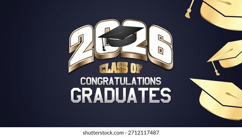 Marinha forte e ouro Classe de banner 2026 com texto 3D arrojado e um design de boné de graduação