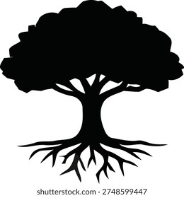 Strong oak tree silhouette showing detailed roots and thick branches. Natural life symbol for environmental or growth theme.