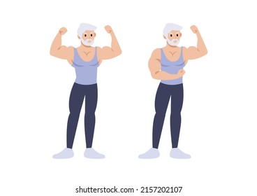 Hombre mayor fuerte mostrando sus músculos, ilustración vectorial