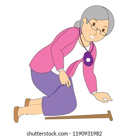 Strong Old woman smart lady fallen on the floor while walking with a stick wearing a tracking device on her neck