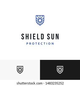 strong outline shield logo with sun in the middle. suitable for business protector, insurance or safety logo