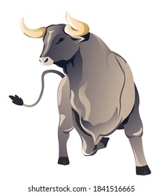 Strong ox isolated icon of character or mascot. Horned animal with aggressive expression, corrida or domestic animal. Bull mammal running mad buffalo. Wildlife or zodiac vector in flat style