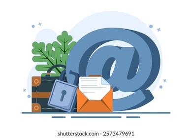 Strong padlock security concept on email symbol. Email security protection, security system to protect against cyber attacks, spam or data leaks, data encryption technology. Flat vector illustration.