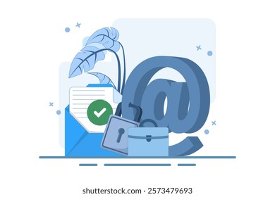 Strong padlock security concept on email symbol. Email security protection, security system to protect against cyber attacks, spam or data leaks, data encryption technology. Flat vector illustration.