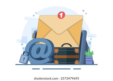 Strong padlock security concept on email symbol. Email security protection, security system to protect against cyber attacks, spam or data leaks, data encryption technology. Flat vector illustration.