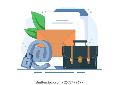 Strong padlock security concept on email symbol. Email security protection, security system to protect against cyber attacks, spam or data leaks, data encryption technology. Flat vector illustration.