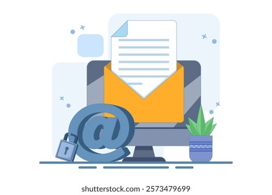 Strong padlock security concept on email symbol. Email security protection, security system to protect against cyber attacks, spam or data leaks, data encryption technology. Flat vector illustration.