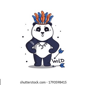 A strong panda in boho style with arrows and feathers. Cartoon animal is an angry bear. Can be used for Family look prints, fabric designs, stickers etc. Vector illustration with lettering - Wild 