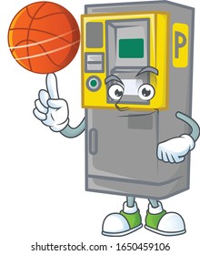 a strong parking ticket machine cartoon character with a basketball