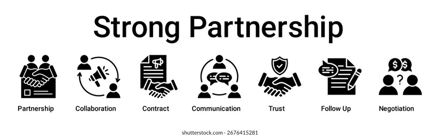 Forte Parceria banner web ícone vetor ilustração conceito para negócios com ícone de parceria, colaboração, contrato, comunicação, confiança, acompanhamento.