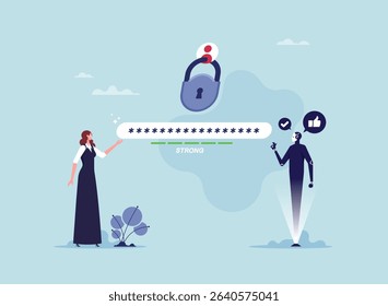 Strong password for cyber security concept, high protection and safety for login account, businesswoman using strong password security with locked padlock