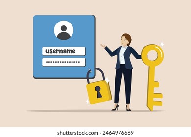 Contraseña fuerte para la seguridad cibernética, alta protección para la Cuenta de Inicios de sesión, privacidad de datos segura, llave de retención de la mujer de negocios con bloqueo de Cuenta del usuario con almohadilla de bloqueo fuerte.