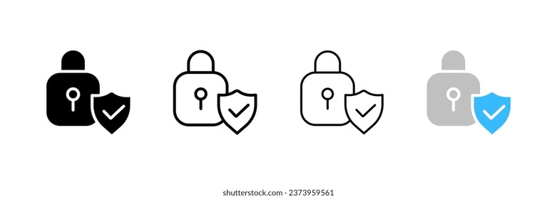 Strong password icon. Different styles, secure password, keyhole with shield with check mark. Vector icons