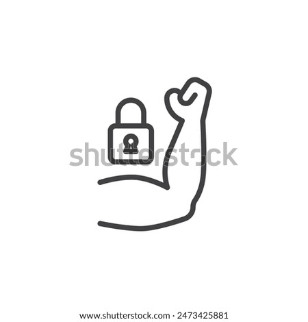 Strong Password line icon. linear style sign for mobile concept and web design. Flexing arm muscle with a padlock outline vector icon. Symbol, logo illustration. Vector graphics