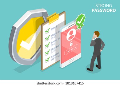 Strong Password, Minimal Requirements Are: At Least 8 Characters, Lowcase, Uppercase, Numbers, Special Symbols. 3D Isometric Flat Vector Conceptual Illustration.