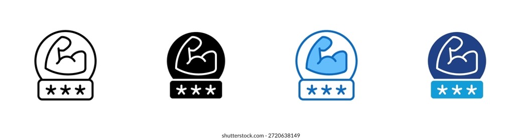 Vetor de Design de Ícone de Senha Forte com Vários Estilos - emblema arredondado com um braço flexionado acima de uma fileira de asteriscos, representando força, proteção e o uso de senhas seguras e complexas