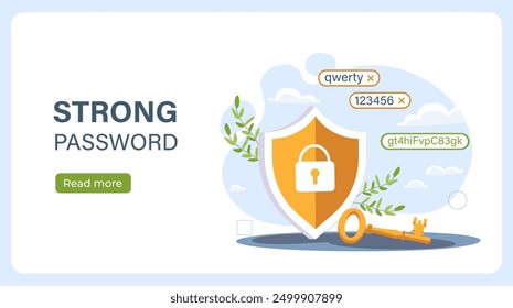 Strong password poster. Shield near key and passwords. Internet safety and personal data protection. Security, authorization and authentication. Landing webpage design. Flat vector illustration