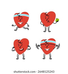 Strong physically active heart character in headband, runs, lifts weights, eats fruit, flexes muscles. Healthy lifestyle to support your heart. Cute hand drawn cartoon mascot. Editable stroke