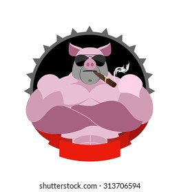 Strong pig in glasses and with a cigar. Logo for Sports Club. Farm animal with big muscles. Wild boar