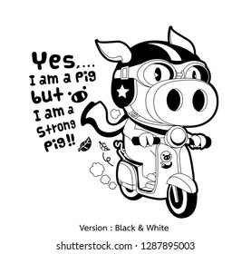 A strong pig ride a scooter. Version outline stroke [black and white].